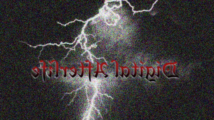 TV fuzz and lightning with the words "Digital Afterlife" in red, olde english font.