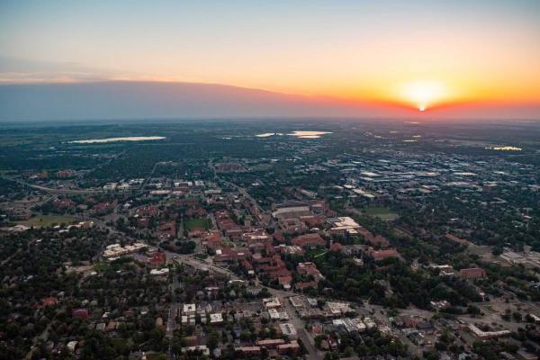 CU Boulder aerial at sunrise